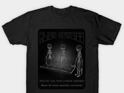 Alien newbies in action - printed on t-shirts abduction aliens art clothing creation crop circles design home decor newbies pieterhb planet spaceship t shirt ufo