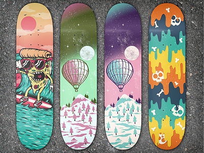 New Decks artwork balloon board decks drip illustration mountain pizza shape skateboard skull surf