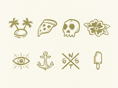 Summer Icons anchor eyes flower ice cream island pizza skull stippling summer tattoo