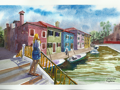 Piazza Baldassarre Galuppi boats drawing google maps illustration italy painting ships urban urban planning urban sketching veneza water watercolor watercolor illustration watercolor painting watercolour woman