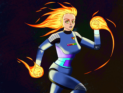 Firegirl anime anime girl blue contrast dark background fire future futuristic girl manga metal orange running shading shadows space suit woman yellow