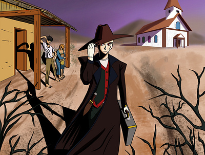 Suspicious Evil Man child church desert evil gloves hat man manga overcoat sand shadows suitcase village woman wood