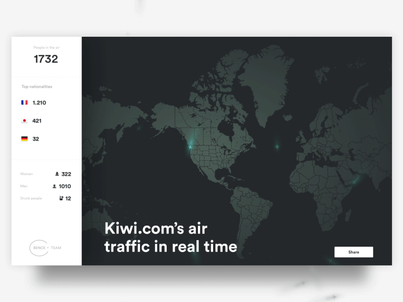 Kiwi.com's air traffic in real time // Hackathon circular concept dark dashboard flight hackathon kiwi map traffic ui