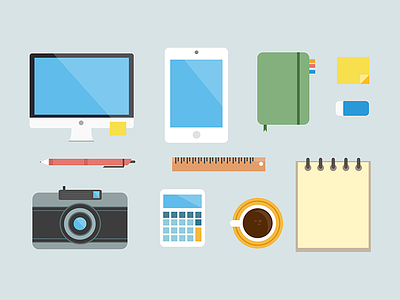 Flat creative desk items calculator camera coffee desk icon icons illustration imac ipad notebook pen workspace