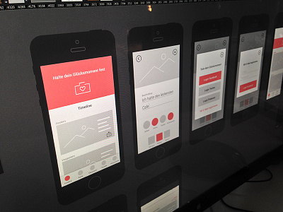 "Happy" App Wireframes app experience design flat design happy photo post red ui upload wireframe