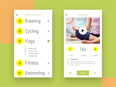 Health App - Workout and Session app design fitness flat health icon ios running ui ux yellow yoga