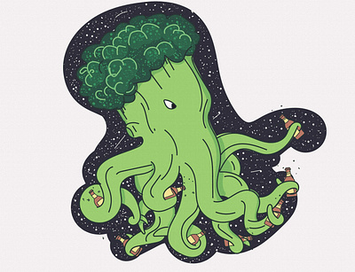 the three favourite things annimal beer broccoli design fantasy healthy illustration imagination octopus vector