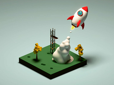 Blast off! 3d c4d isometric render rocket smoke spaceship trees