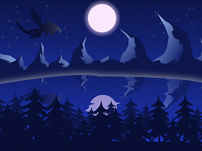 Fantasy Landscape with Full Moon dragon falling star fantasy illustration lake landscape moon night stars vector