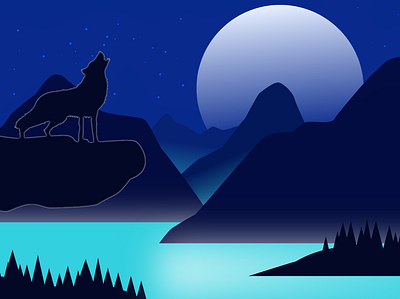 Lone Wolf among the Mountains illustration landscape moon moonlight mountainlandscape mountains night nightsky nighttime river stars vector vectorart vectorillustration water wolf