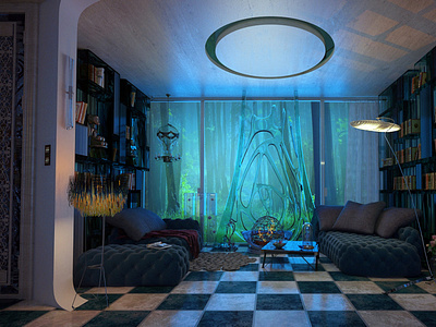 Green Room 3dcomposition 3dmodeling 3dsmax fireplace home homefurniture loft render vray гостинная