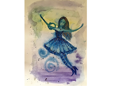 Deep blue dream dance dreaming fantasy fly girl illustration watercolour
