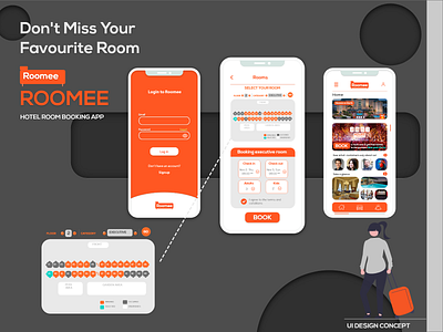 Roomee Hotel Room Booking App UI concept adobe app booking pp concept design figma graphic design hotel ill illustration interface room booking study ui uiux xd