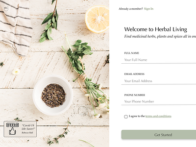 Herbal Living Sign up form app branding dailyui design greendesign greenliving health herballiving icon illustration logo minimal minimalist signup signuppage typography ui ux web welbeing