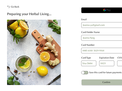 Herbal Living credit card checkout (filled out) app branding cleandesign dailyui design herballiving icon illustration logo minimal minimaldesign simpledesign ui vector