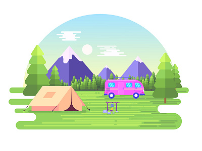 Camping camping camping tent flat design geometrical landscape mountains