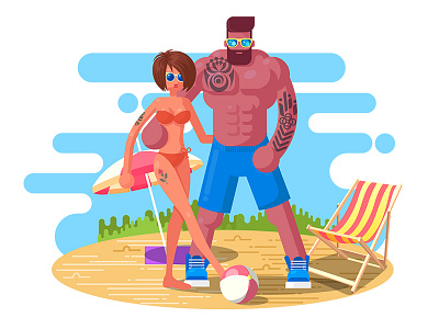 Couple on beach bikini babe body builder couple giant boyfriend illustration muscular boyfriend