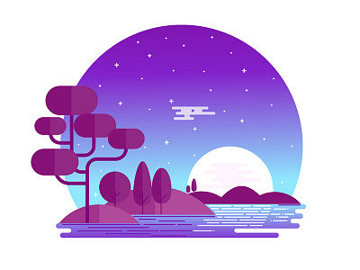 Midnight Landscape flat illustration landscape midnight nature night sky stars sunrise vector