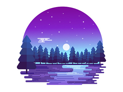Winter Midnight Moonlight flat illustration landscape midnight nature night sky stars vector