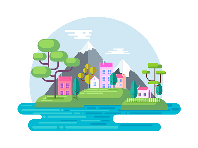 Beautiful Town within nature cloud evening flat house illustration landscape nature river town trees vector