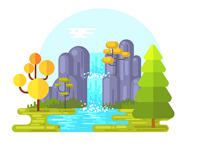 The Waterfall flat geometrical. river illustration landscape rocks trees vector waterfall