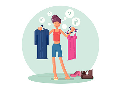 Girl confused on clothes attire clipart clothes confused flat girl illustration preparation shopping vector
