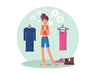 Girl confused on clothes taking help of App attire clipart clothes confused flat girl illustration preparation shopping vector