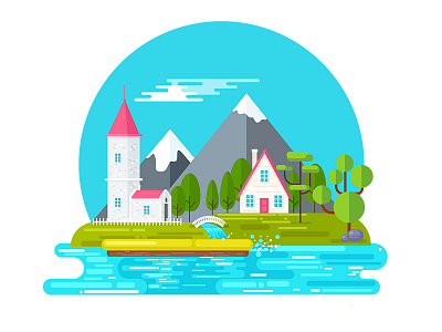House within nature cloud evening flat house illustration landscape nature river town trees vector