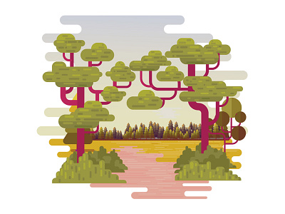 Jungle landscape illustration flat geometrical. river illustration landscape trees vector