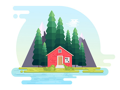 Peace House design flat geametrical house illustration mountains natrure peace river riverside vector