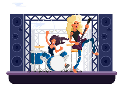 Band Dribbble babe band drummer drums flat geometrical girl guitarist illustration lady rockster vector