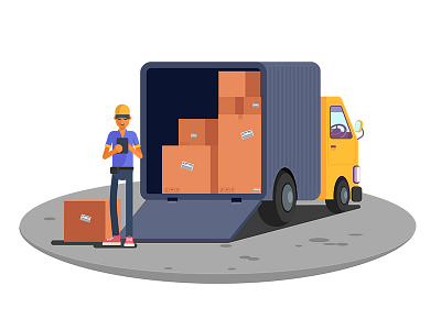 Courier Service band boxes courier service delivery boy delivery man flat geometrical illustration man truck vector
