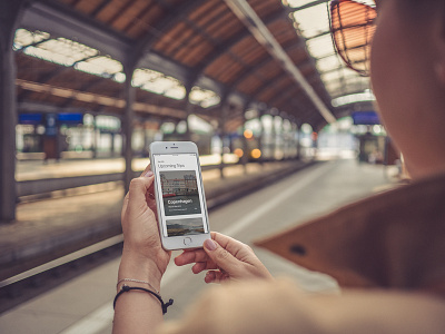 iPhone at the railway station - 7 photo mockups app design hand hands mobile mobile app mockup photo mockup portfolio psd rail station rails responsive retro smart object train transport trip vintage waiting web design