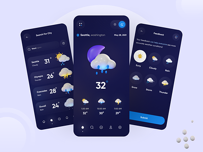Weather App 🌪️ 3d 3d icon air qu app clean dark design forecasting humidity ios mobile rain search snow ui uidesign weather weather app weather icon wind