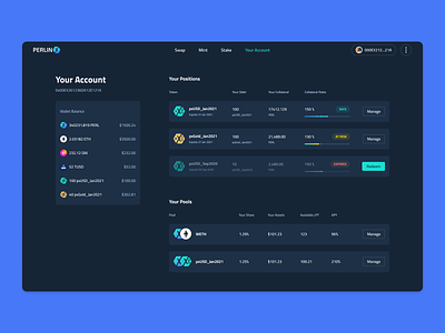 PerlinX - Account Overview account crypto crypto wallet cryptocurrency dapp dark ui darkmode defi ethereum finance fintech overview tokens wallet web