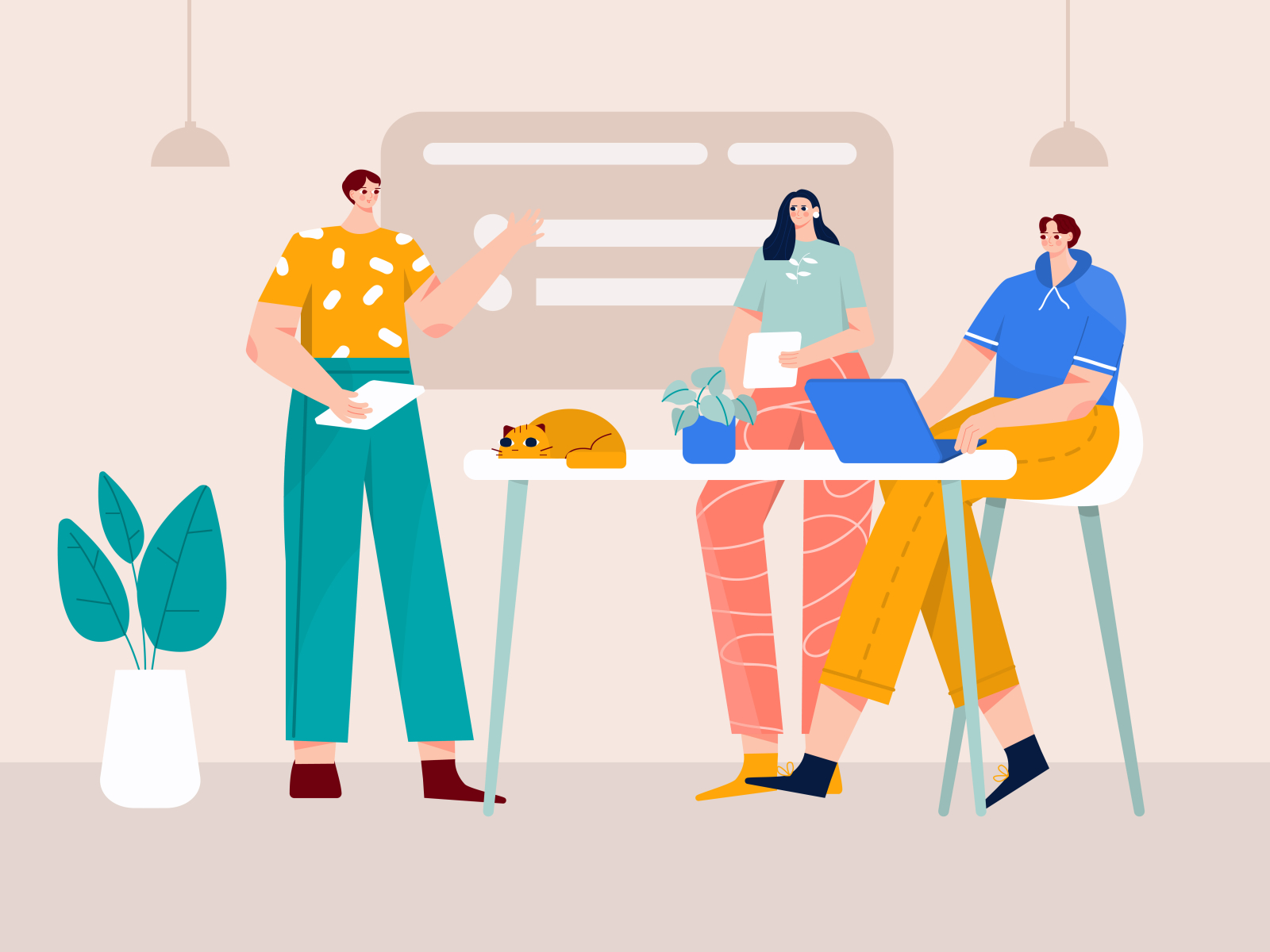 Meeting with the team Illustration b2b illustration business cat character chat illustration conversation flat ilustration illustration meeting plan planning startup team vector woman woman illustration