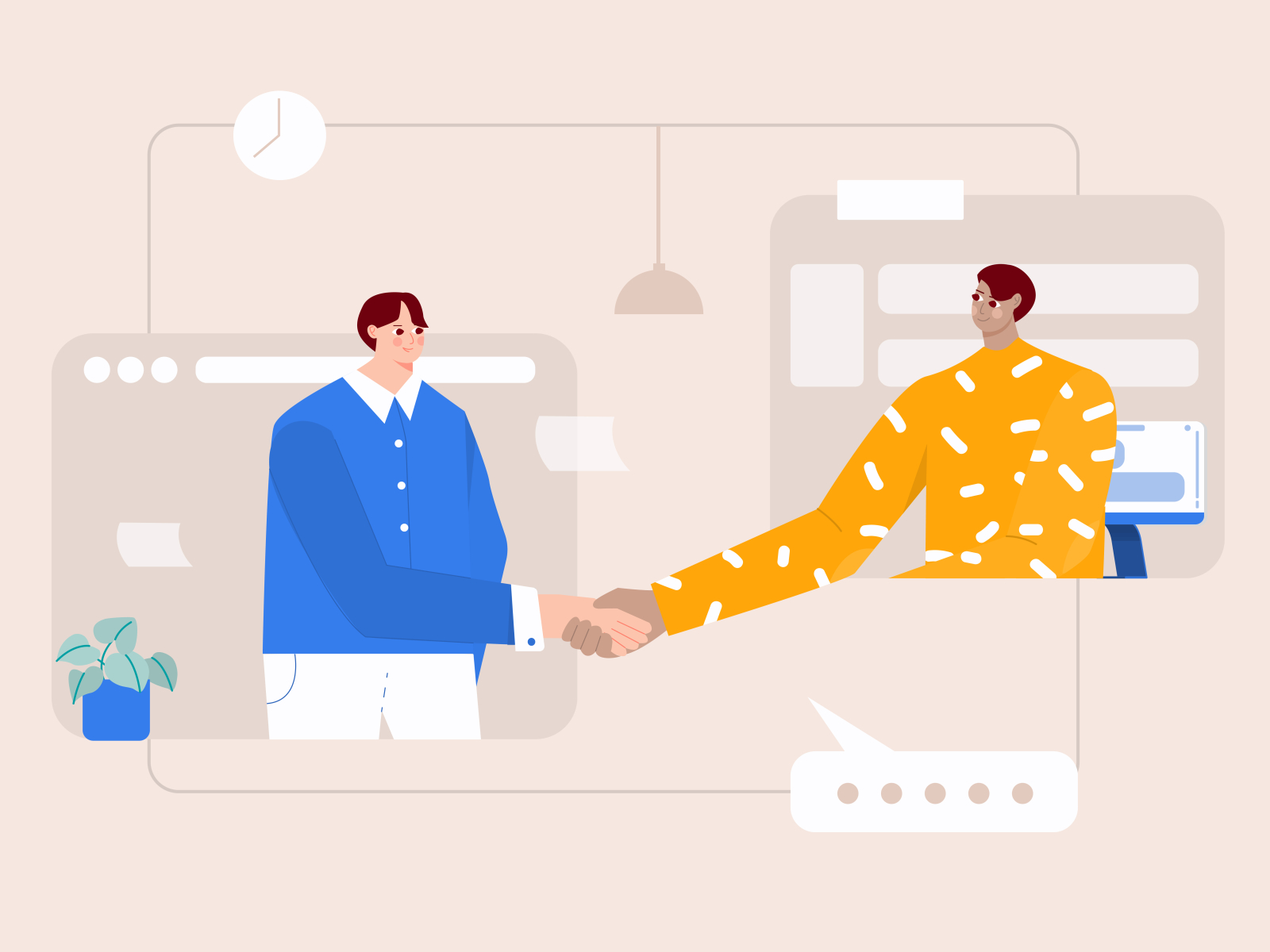 Dealing project with virtual handshake illustration b2b illustration business character chat illustration conversation deal group illustration handshake illustration meeting project project goal startup team virtual wfh work work from home work together working illustration