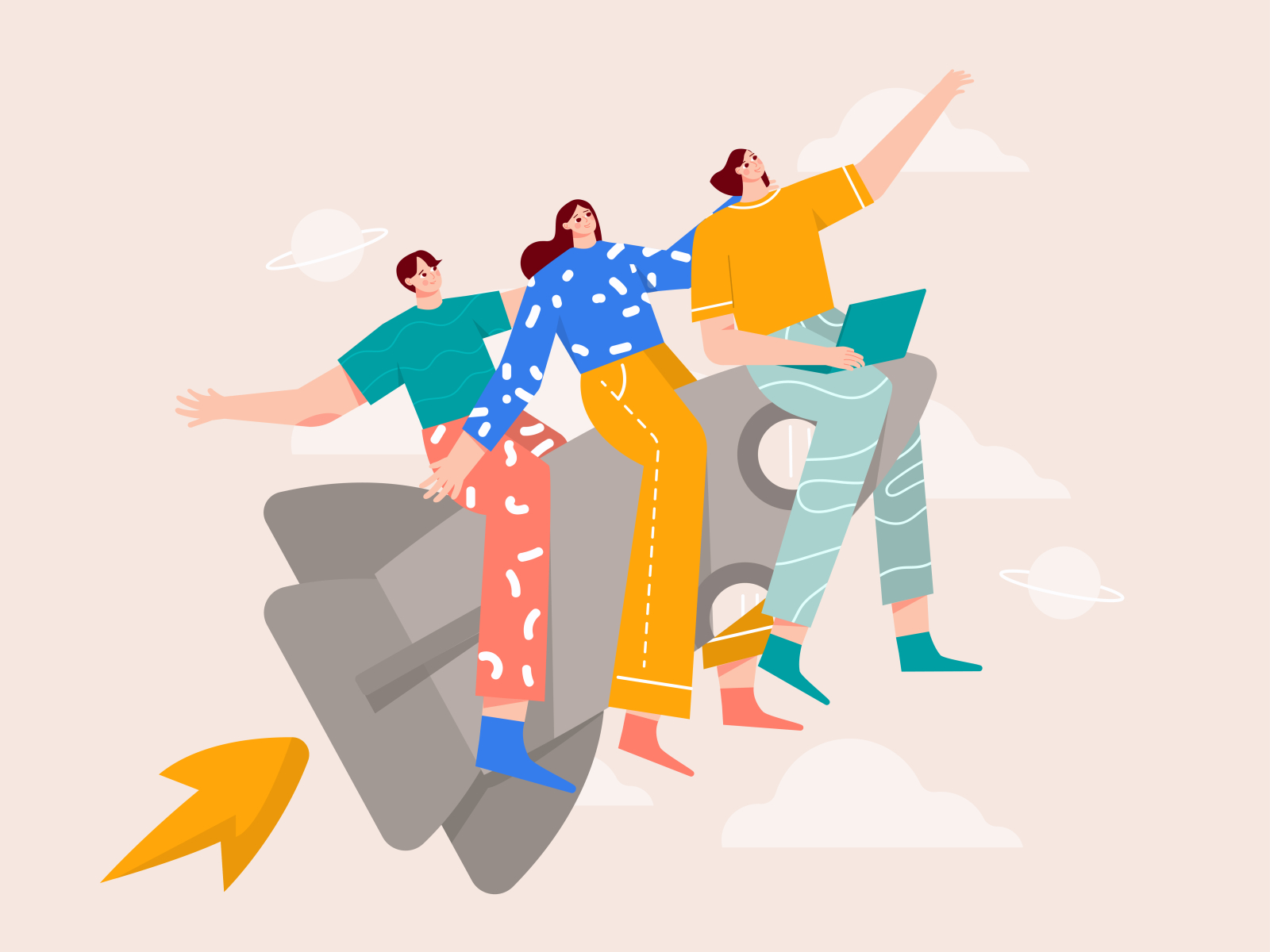 Launching new product illustration flat illustration womans release product launch startup team illustration group illustration empowered woman rockets launch rocket product design new product product team illustration character business b2b illustration