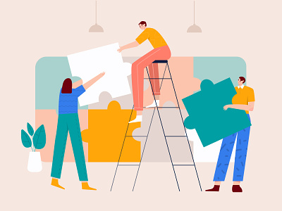 Solving puzzle jigsaw with the team illustration b2b illustration business challenge character colorful flat illustration group group illustration illustration jigsaw jigsaw illustration meeting puzzle puzzle game startup team team illustration work together