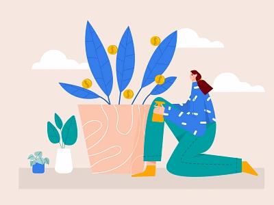 Woman watering money tree illustration b2b illustration business character illustration invest investing investment money money tree plant profit tree watering