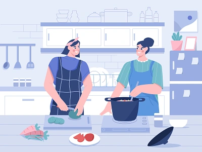 Cooking in the kitchen illustration bake baking boil cake characteer cook cooking drink empowered food fridge fruits illustration illustrations kitchen kitchen set kitchens restaurant vegetables woman