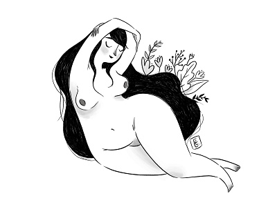 Love Your Body blackandwhite body curves embrace flowers illustration ink inner peace love naked positive woman