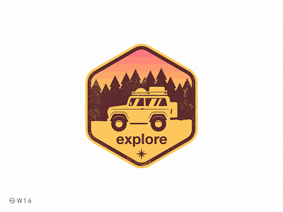 W16 - Explore badge color exagon explore forest illustration mountain off road palette pine retro sticker sunset suv travel truck vintage woods