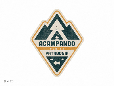 W22 - Acampando por la Patagonia badge bonfire camp camping fish forest geometric illustration lake patagonia pine retro sticker triangle vintage