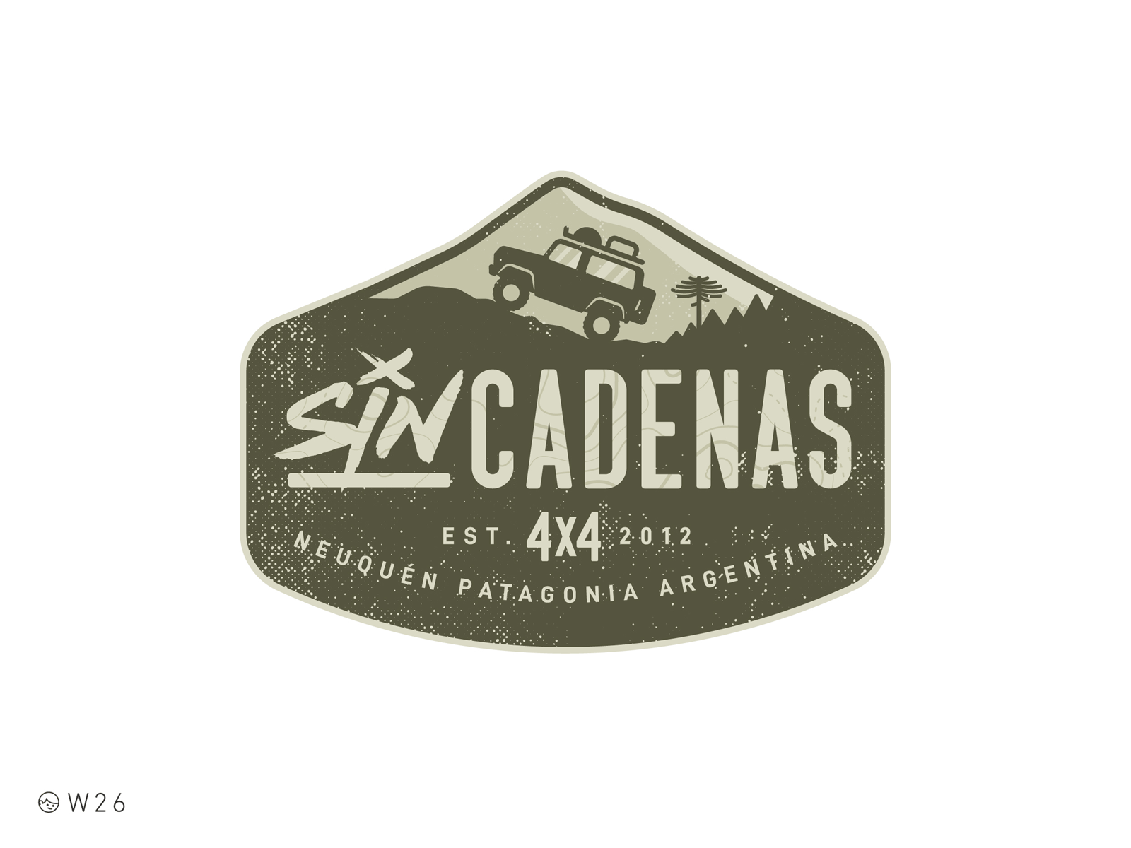 W26 - Sin Cadenas 4x4 4x4 araucaria argentina badge branding camp expedition icon illustration lanin logo mountain neuquen offroad patagonia retro truck vintage