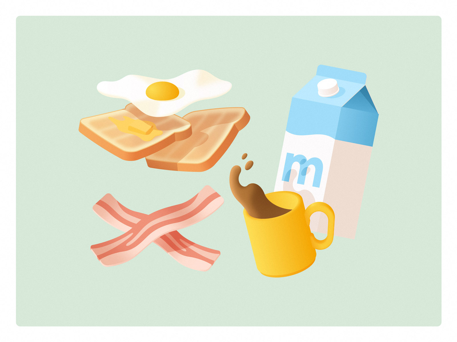 Light Breakfast? butter shadow light illustration coffee cup mug milk coffee bacon toast egg simple food gradient breakfast