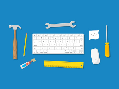 Development code desk developer development garage glue html illustration keyboard mouse tools