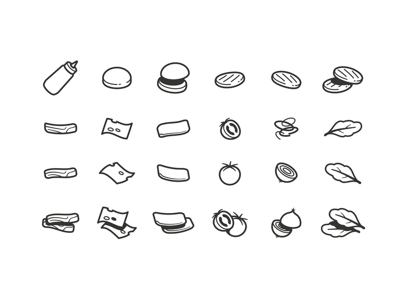 Hamburger Iconography bacon bun burger cheese food ham hamburger iconography icons illustration latuce mustard onion stroke tomato