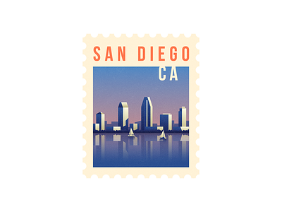 San Diego boats california city illustration lights marina postal san diego stamp sunset
