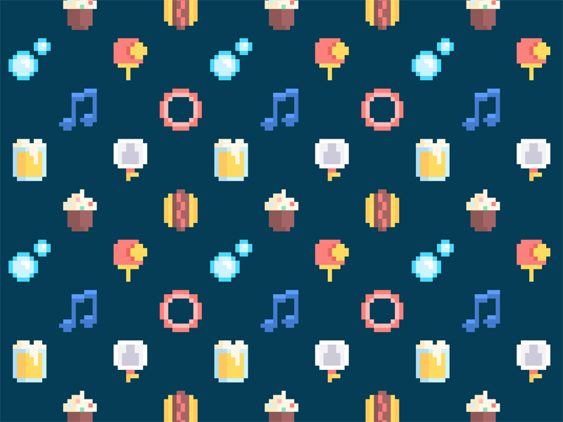 Aeroparty time! party food pattern icons music cupcake beer sandwich bubbles ping pong 8-bit pixel